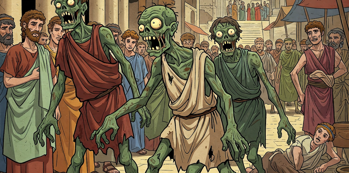 Generated image of zombines running around in the first century.