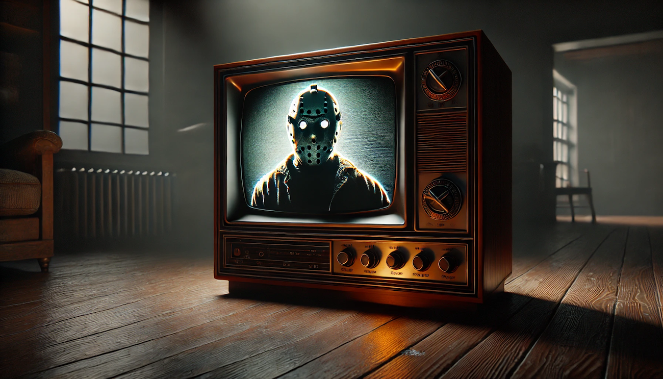 Generated image of a person wearing a hockey mask on an old-school television.