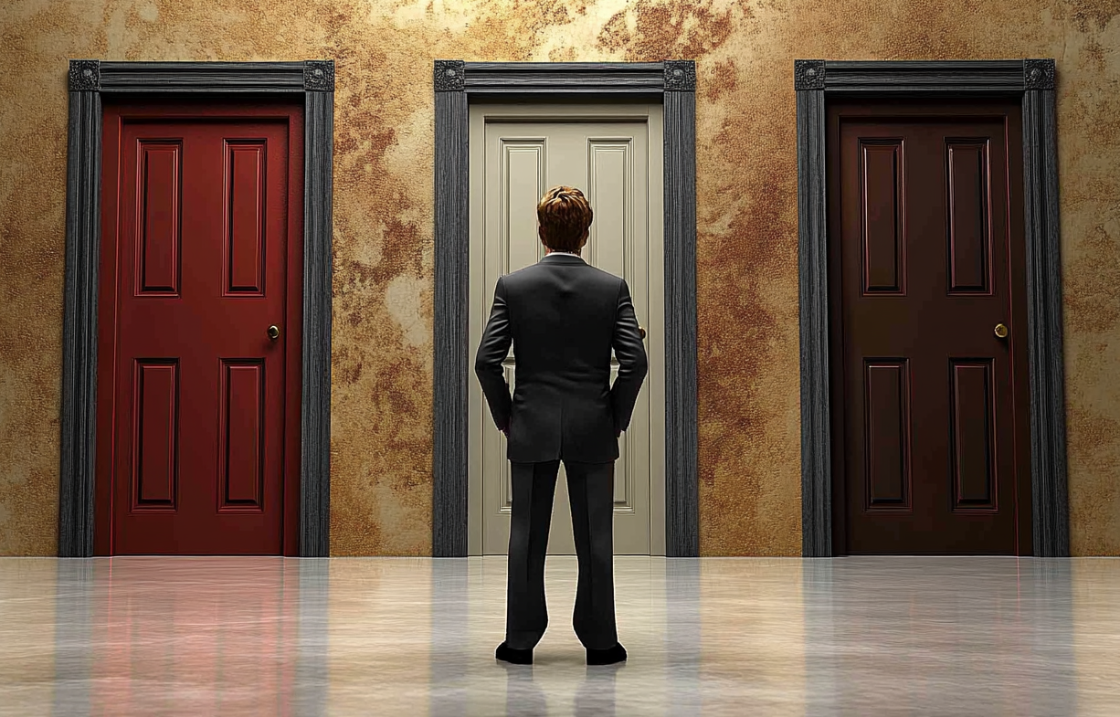 Generated image of a person standing before three closed doors.