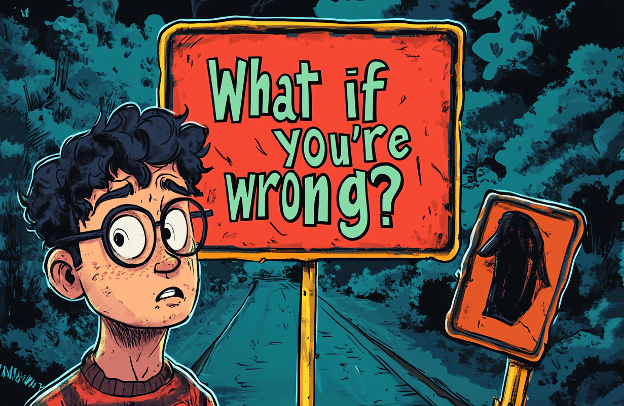 Generated image of a person with a sign that says What if you are wrong?