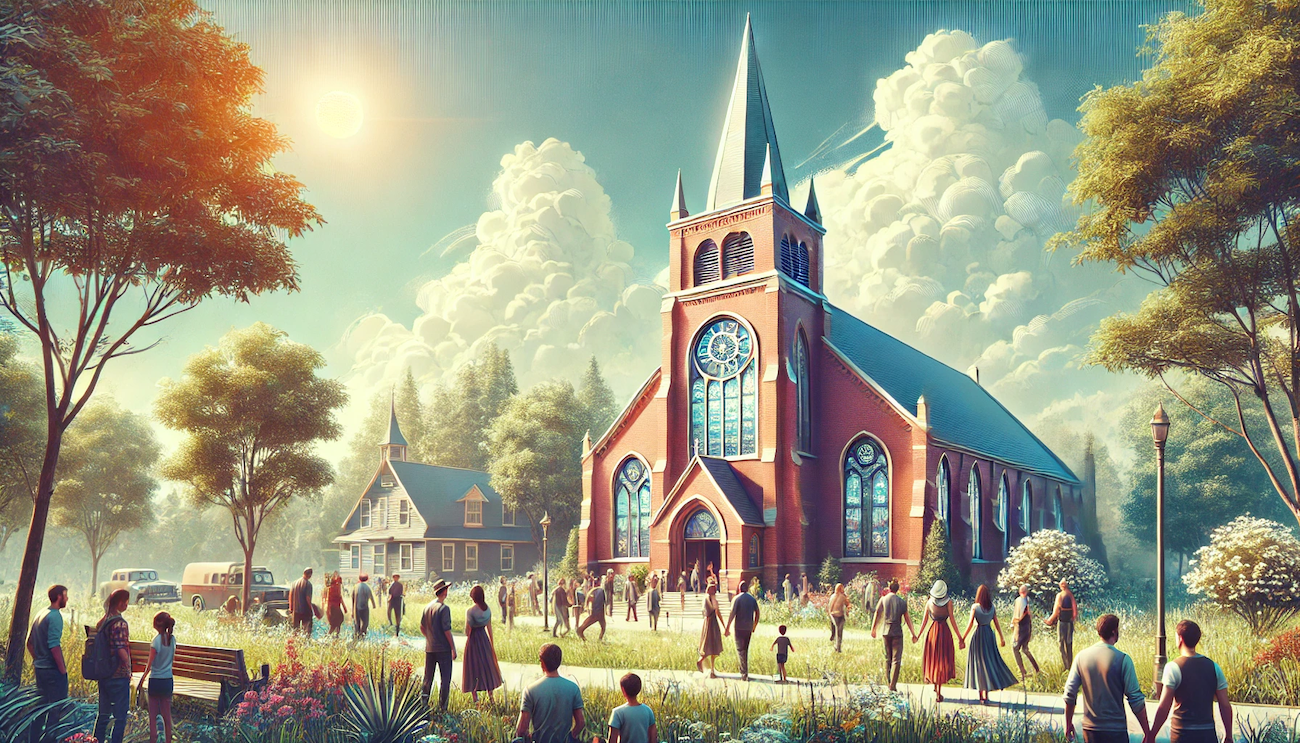 Generated image of a church building with many people going in.